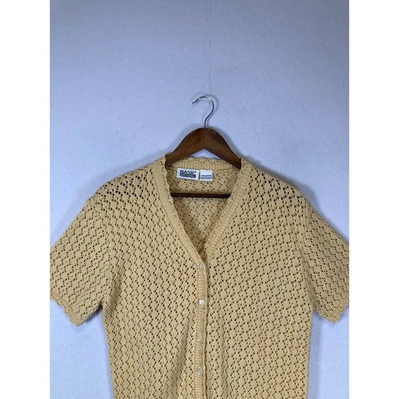 Vintage Basic Editions Women Large Yellow Crochet Knit Short Sleeve Cardigan - Picture 4 of 8